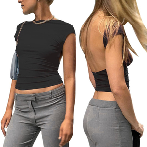 Camiseta feminina sexy sem costas manga curta slim fit gola redonda verão casual y2k