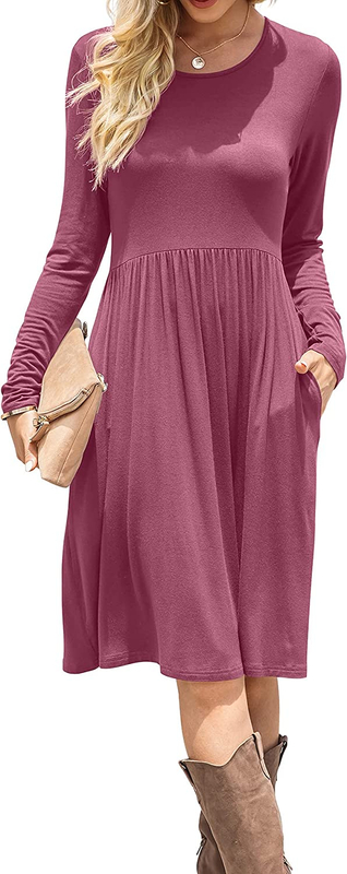 Vestidos femininos casuais manga longa cintura império vestido solto com bolsos