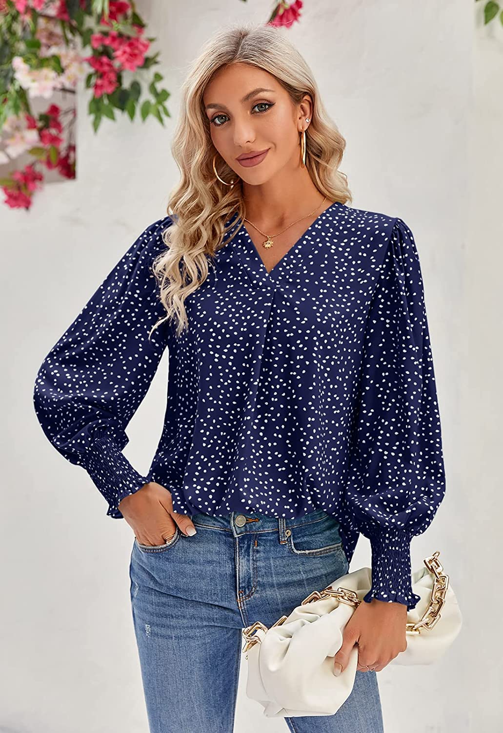 Blusas femininas manga longa decote em V com estampa floral casual folgada blusas de trabalho